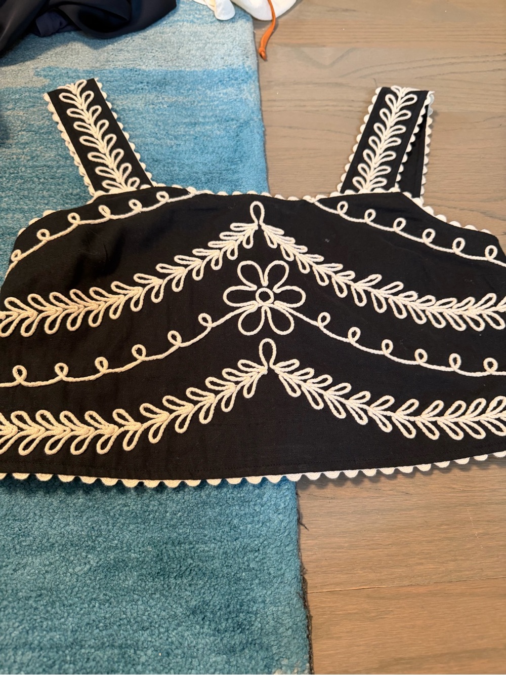 Sezane Black Crop Top with Cream Embroidery